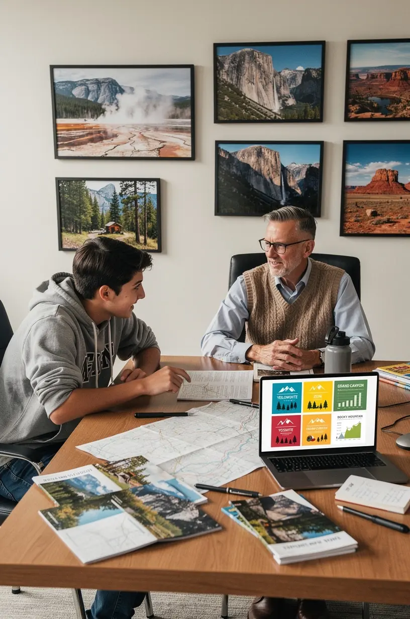 Эксперт-консультант объясняет клиенту преимущества личного планирования поездки по США с использованием печатных маршрутов.