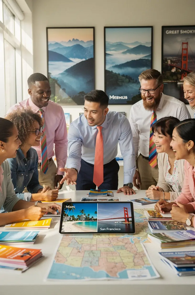 Панорамный снимок зоны консультаций в студии путешествий с посетителями, изучающими карты и распечатки маршрутов.