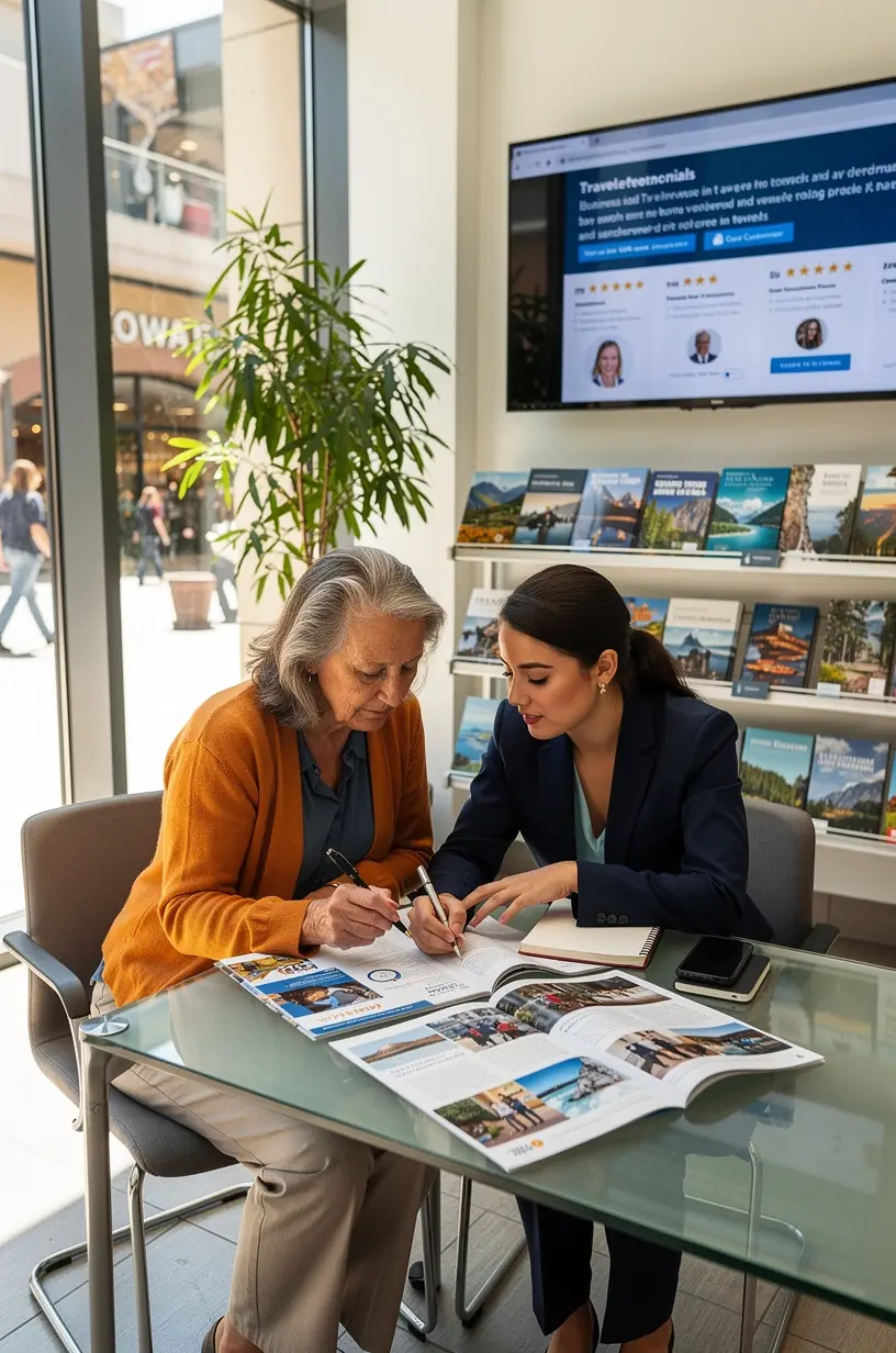 Консультант по путешествиям в торговом центре обсуждает маршрут поездки в США с клиентом за столом с распечатанными планами.