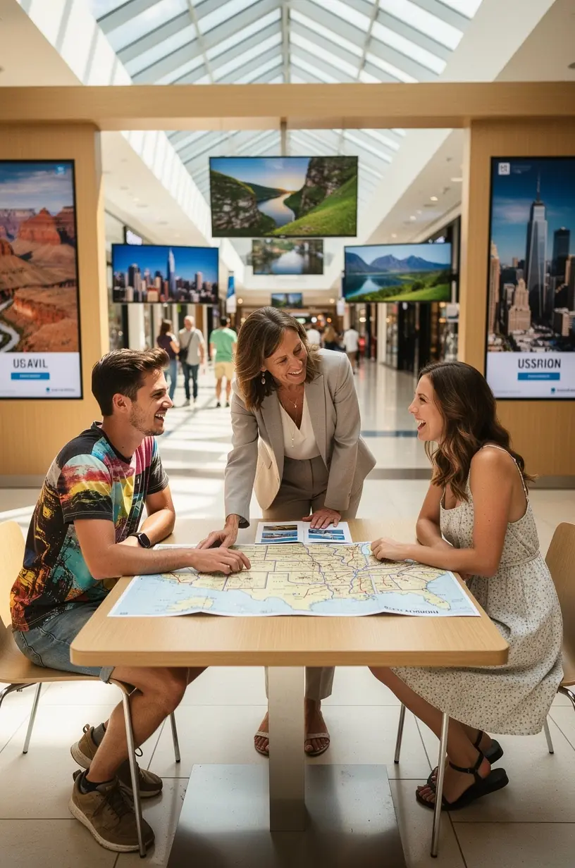 Студия планирования путешествий в торговом центре с яркими картами США и профессиональными консультантами на заднем плане.