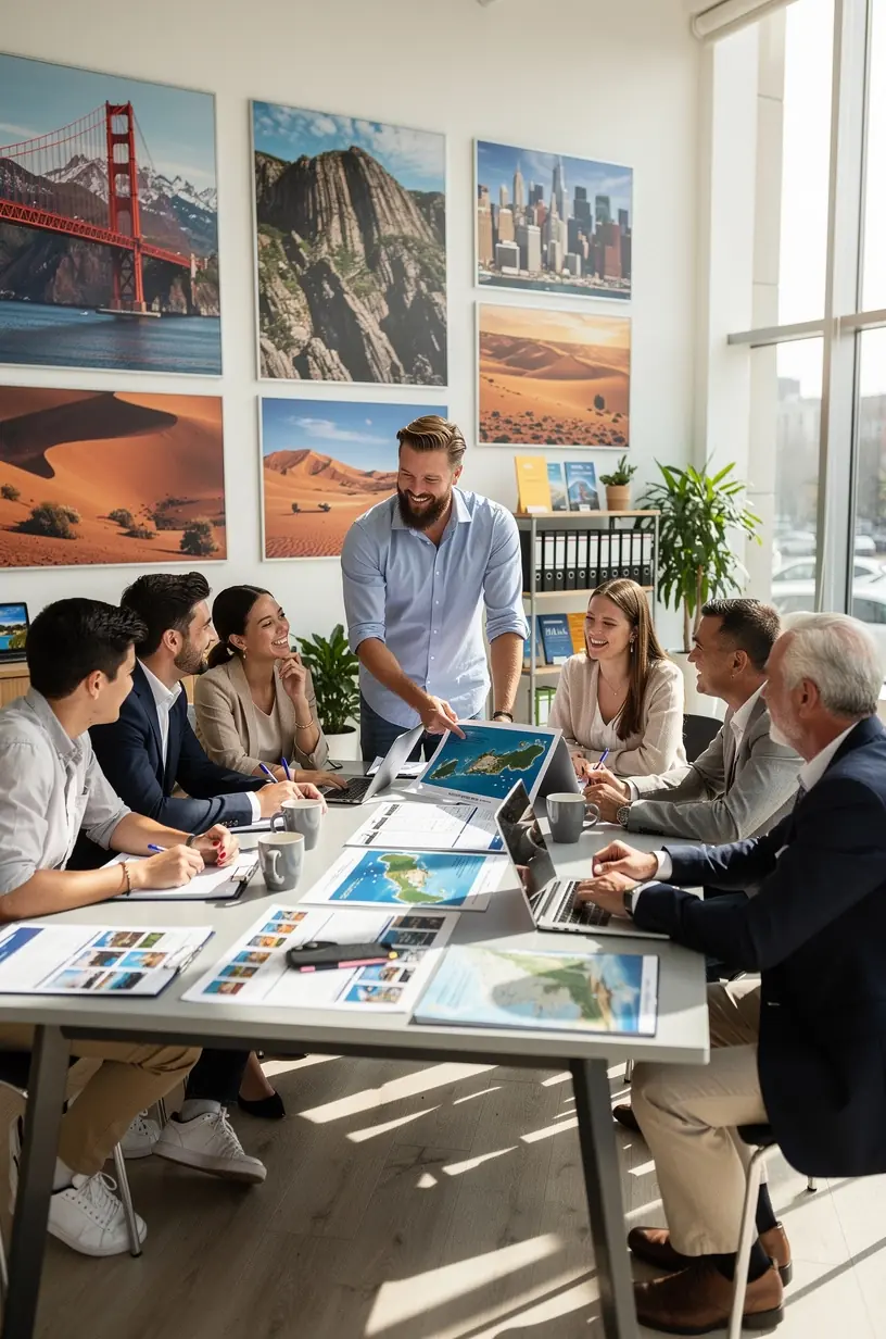 Клиент получает подробные печатные планы маршрута путешествия по США от эксперта в студии планирования.